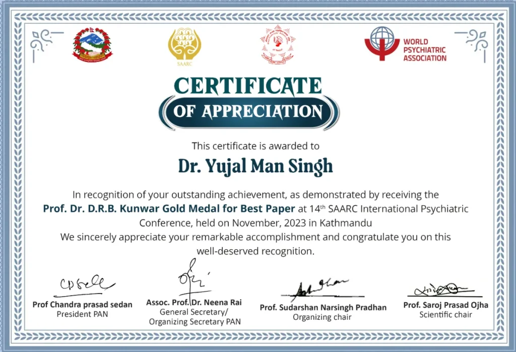 Certificate for the Prof. Dr. D.R.B. Kunwar Gold Medal for Best Paper, 14th SAARC International Psychiatric Conference