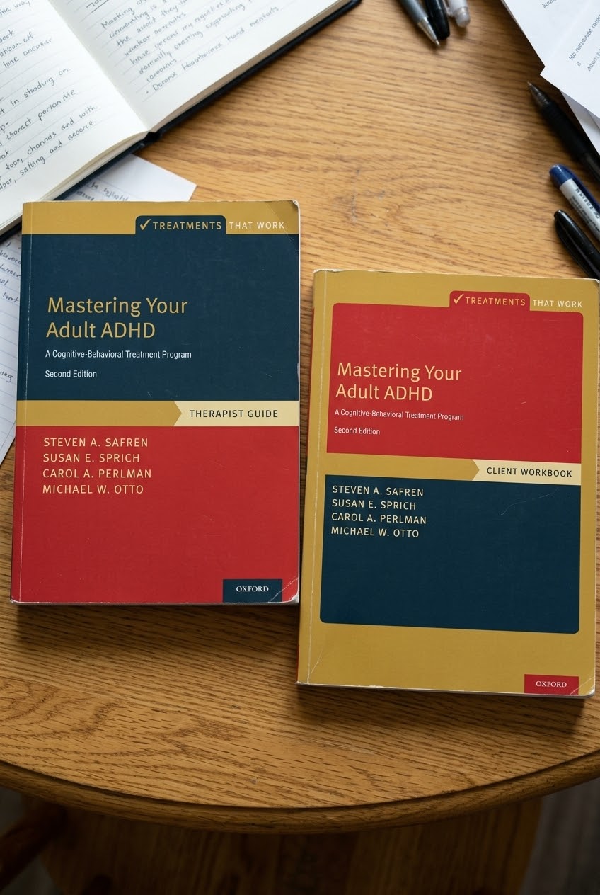 The Therapist Guide and Client Workbook of Mastering Your Adult ADHD on Dr. Yujal Man Singh's desk
