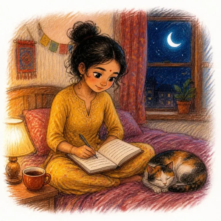 Woman writing in a notebook on her bed at night beside a lamp and a cat
