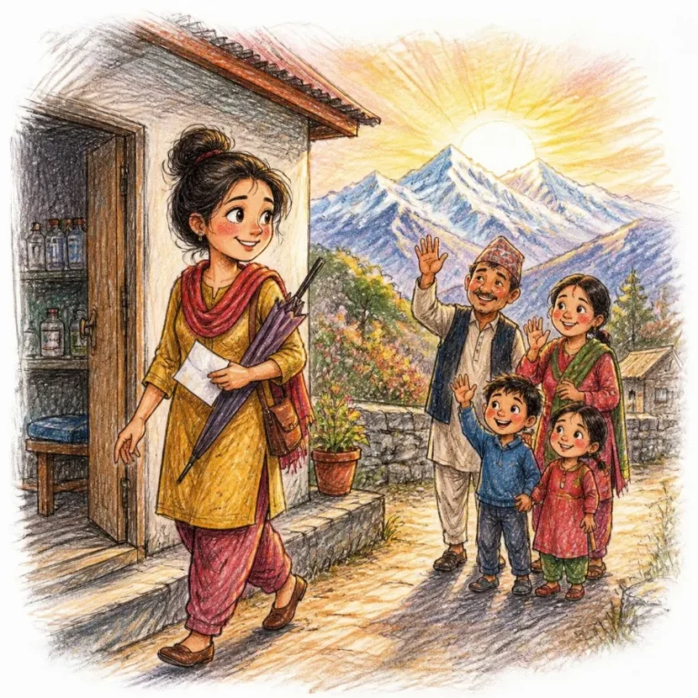 Woman walking out into a sunrise with her family waving