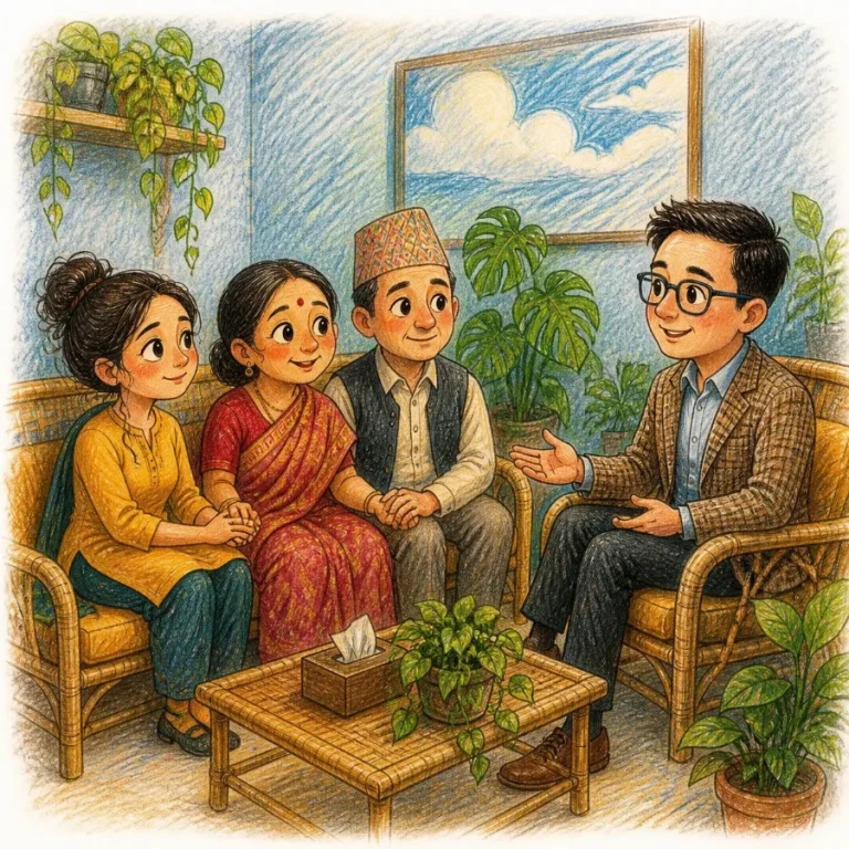 A family session with parents and daughter in Dr. Yujal's office