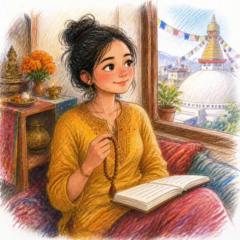 Woman at home with prayer beads and a stupa outside the window