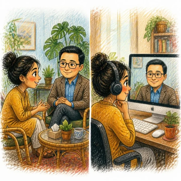 Split picture of the same session in the office and on a video call