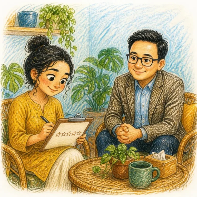 Woman filling in a star rating card while Dr. Yujal waits warmly