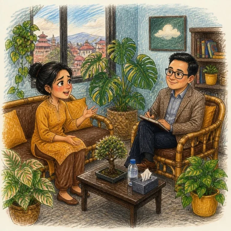 Cartoon of Dr. Yujal listening to a young woman in his office with bamboo chairs and plants
