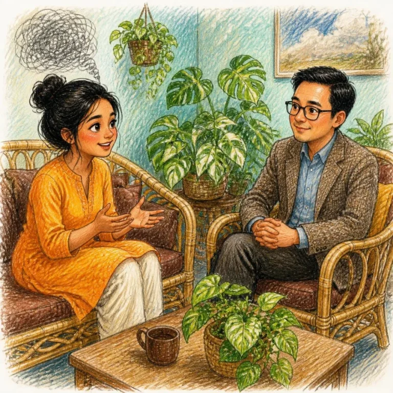 Woman speaking with her hands while Dr. Yujal nods, fully attentive