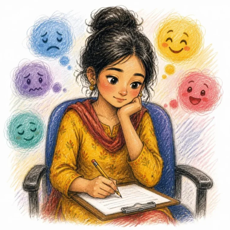 Woman filling in a short mood form with little mood faces around her