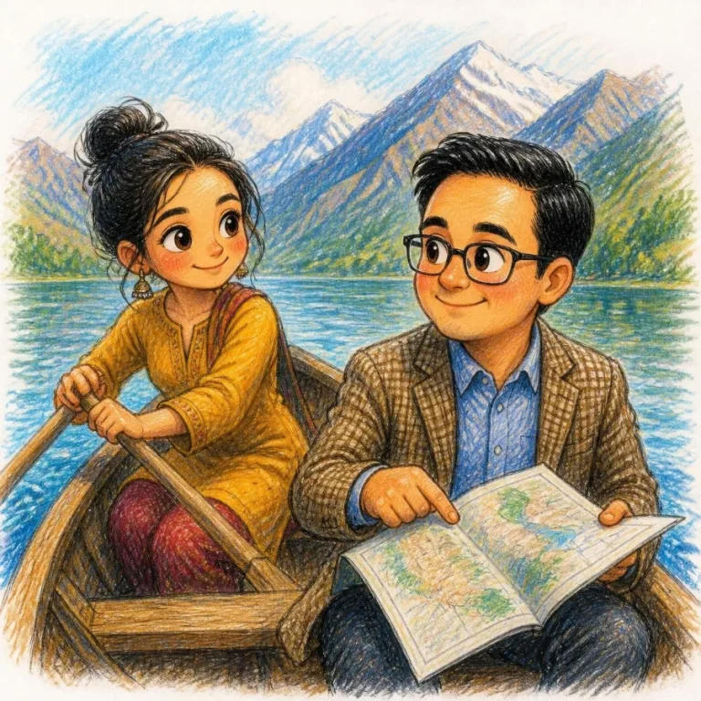 Woman steering a boat while Dr. Yujal holds the map