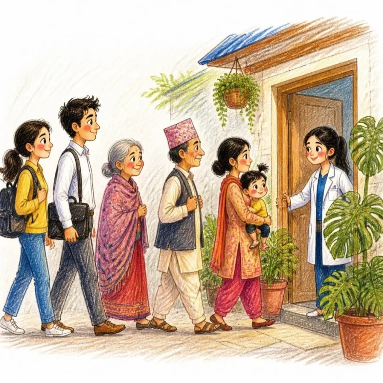 Ordinary people of all ages walking into a friendly clinic