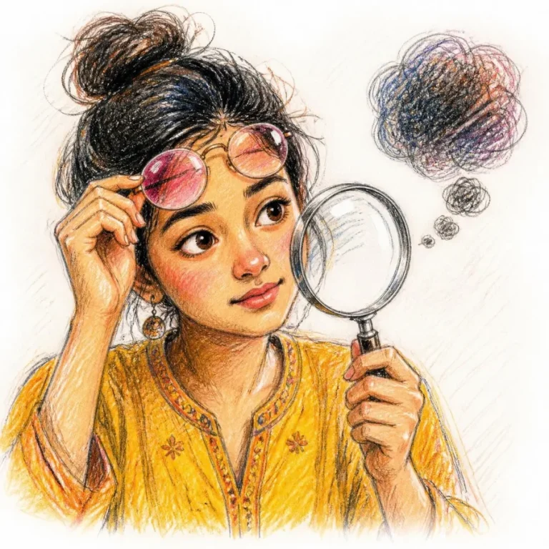 Woman taking off rose-tinted glasses and holding a magnifying glass
