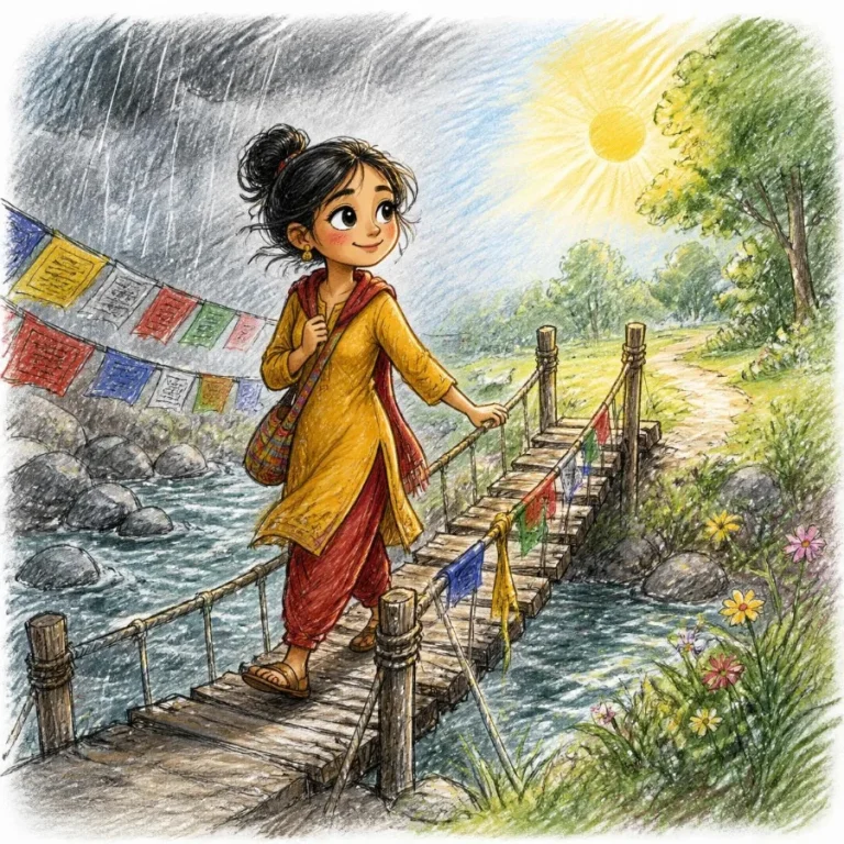 Woman crossing a short bridge from rain to sunshine