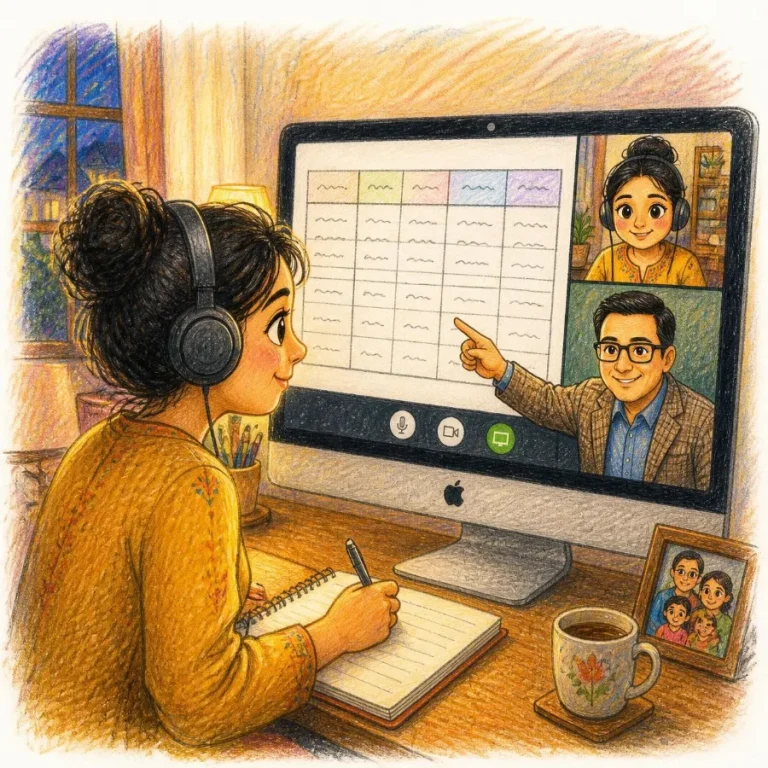 Woman at home on a video call while Dr. Yujal shares a mood log worksheet on screen